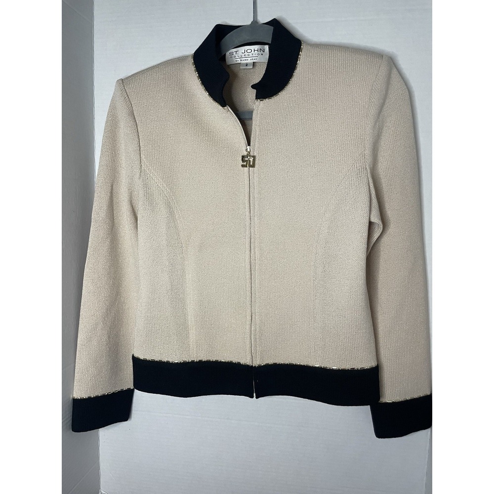 St. John Collection By Marie Beige Cream  Knit Zip Blazer Size 2 USA Made, READ